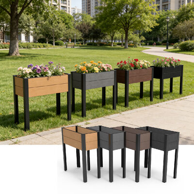 Nowoczesna podwyższona rabata ogrodowa z wodoodpornego, trudnopalnego, przyjaznego dla środowiska kompozytu drewniano-plastikowego do użytku zewnętrznego