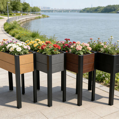 Nowoczesna podwyższona rabata ogrodowa z wodoodpornego, trudnopalnego, przyjaznego dla środowiska kompozytu drewniano-plastikowego do użytku zewnętrznego