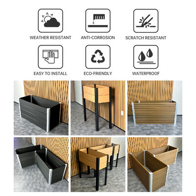 Nowoczesna podwyższona rabata ogrodowa z wodoodpornego, trudnopalnego, przyjaznego dla środowiska kompozytu drewniano-plastikowego do użytku zewnętrznego